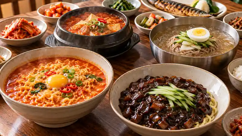 나무 식탁에 차려진 달걀 올린 라면, 오이채 얹은 짜장면, 삶은 달걀 올린 물냉면, 김이 오르는 뚝배기 두부 김치찌개와 구운 생선, 김치와 반찬들