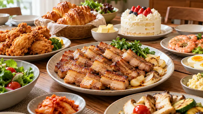 삼겹살, 튀김, 빵과 버터, 케이크, 새우, 달걀과 채소가 차려진 식탁